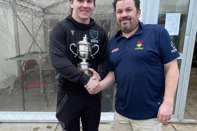Joseph Gaffan (Northampton Saints) and Jon Evans (Cambridgeshire RFU chairman)