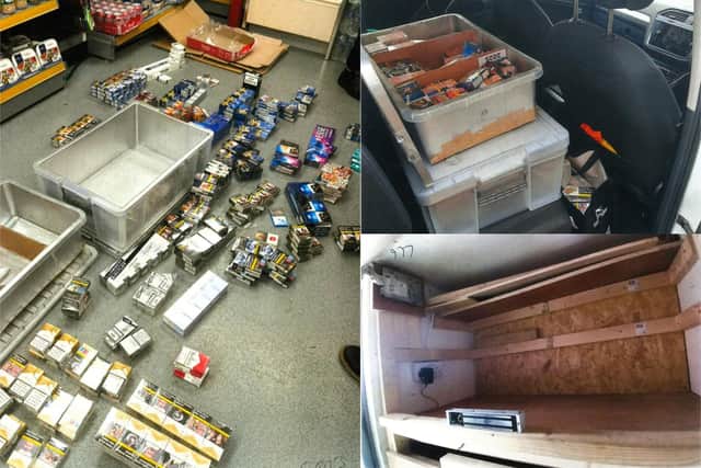 Pictures from the police report show the hundreds of illicit cigarettes found in the car and the empty hide located on the second visit. Credit: Northamptonshire Police
