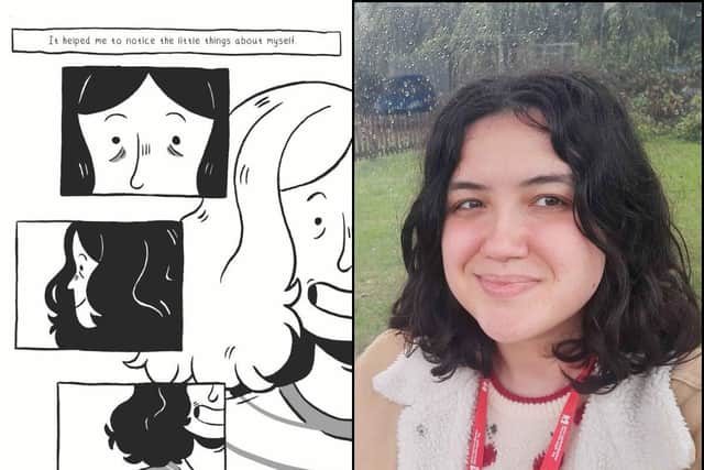 Shariyah Moore and a page from her comic.