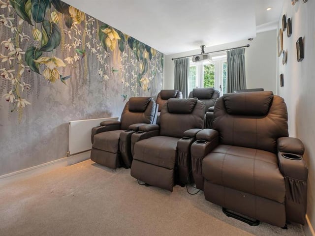 Behold - what everyone came here for: the cosy cinema room with luxurious leather chairs. Who's up for watching Shrek?