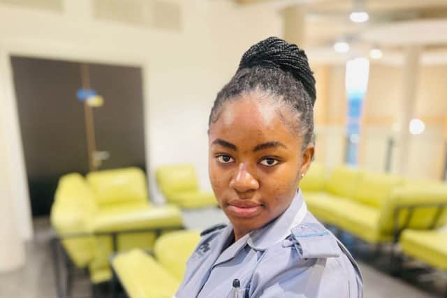 Adult Nursing student Deborah Amu pictured in 'The Mezz' (mezzanine area) in the Learning Hub at Waterside campus.