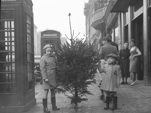 Two girls with a Christmas tree outside the Chron, Market Square