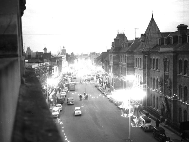 Abington Street, Northampton, Christmas lights, November 28, 1960. On the right is the Notre Dame Convent School, demolished in 1979.