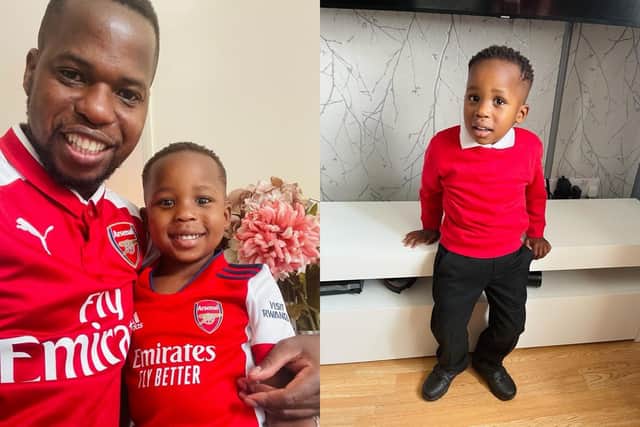 Akhona with dad Howard (left) and in his primary school uniform (right)