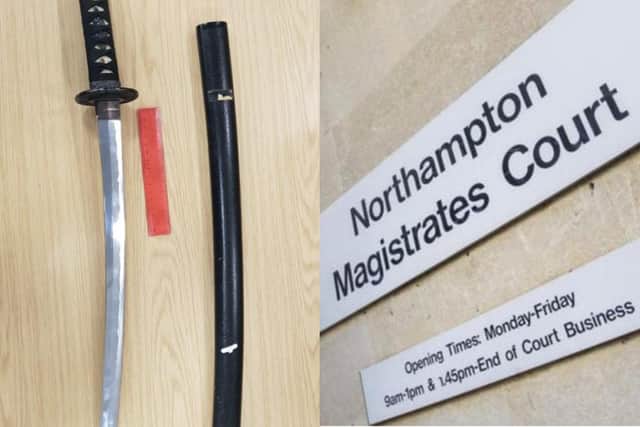 Jae Franklin, aged 38, was convicted of carrying a samurai sword (pictured left) in public at Northampton Magistrates Court on Thursday, April 6.