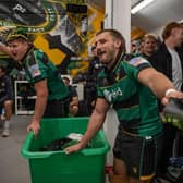 Ed Prowse, who made his 50th Saints appearance, and hat-trick hero Ollie Sleightholme led the singing in the Saints dressing room after the win against Bath (picture: Claire Jones/redhatphoto.co.uk)