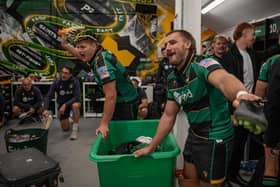 Ed Prowse, who made his 50th Saints appearance, and hat-trick hero Ollie Sleightholme led the singing in the Saints dressing room after the win against Bath (picture: Claire Jones/redhatphoto.co.uk)