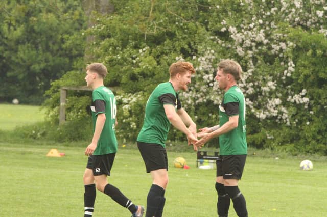 Dean Hall and Shaun Wilkes celebrate Blisworth’s 4th goal