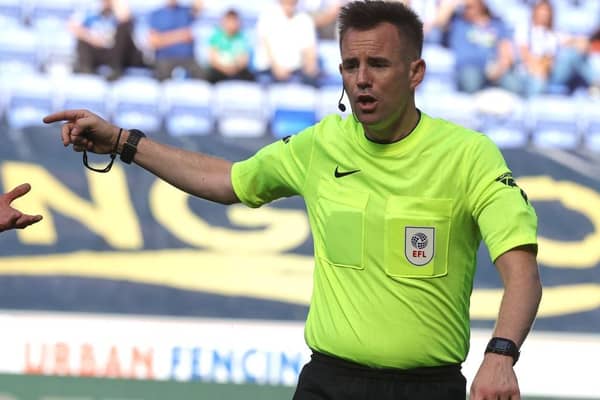Referee Ross Joyce in action during the Sky Bet League One match between Wigan Athletic and Northampton Town at DW Stadium on August 12, 2023 in Wigan, England. (Photo by Pete Norton/Getty Images)
