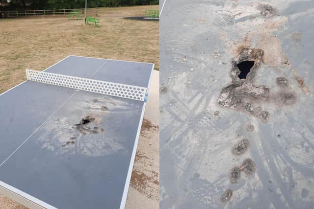 A table tennis table in a Northampton park has been damaged by fire, thought to have been started deliberately. Photo: Duston Parish Council.