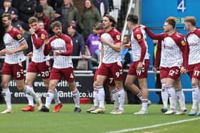 Louis Appéré of Northampton Town celebrates with team-mates after scoring the opening goal during the Sky Bet League Two between Northampton Town and Stevenage at Sixfields on April 01, 2023. (Photo by Pete Norton/Getty Images)