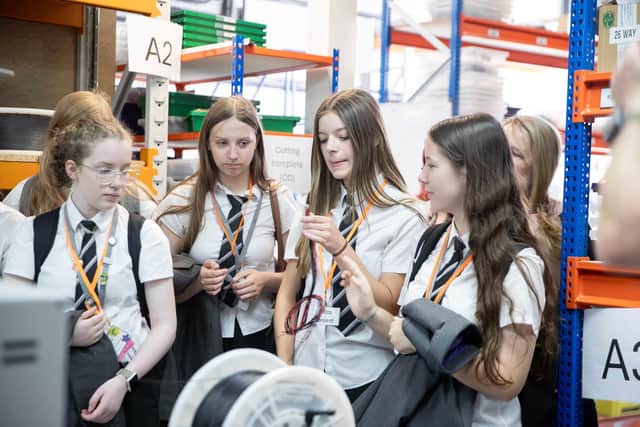 Northampton School for Girls students inside Nicab which niches in manufacturing premier grade cable and wiring harnesses for life saving medical equipment, defence and even the Las Vegas Sphere from its base at Silverstone Park