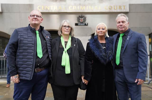 The family of Harry Dunn (left to right) father Tim Dunn, stepmother Tracey Dunn, mother Charlotte Charles and stepfather Bruce Charles outside the Old Bailey in London.