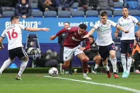 Shaun McWilliams battles for the ball during the Sky Bet League One match between Bolton Wanderers and Northampton Town at University of Bolton Stadium on October 21, 2023 in Bolton, England. (Photo by Pete Norton/Getty Images)