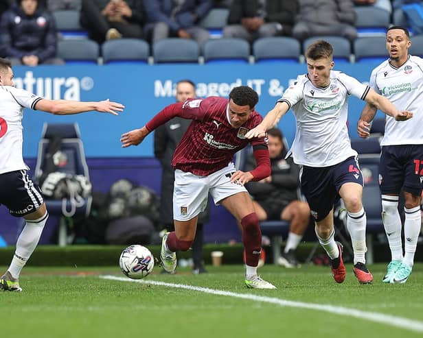Shaun McWilliams battles for the ball during the Sky Bet League One match between Bolton Wanderers and Northampton Town at University of Bolton Stadium on October 21, 2023 in Bolton, England. (Photo by Pete Norton/Getty Images)