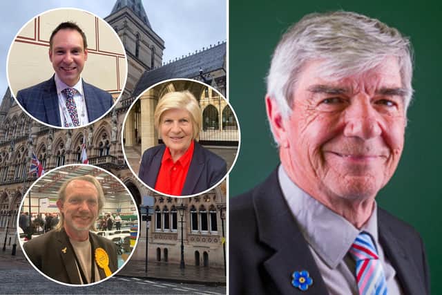 Cllrs Daniel Lister (top left), Sally Keeble (centre) and Jonathan Harris (bottom left) have written a joint letter condemning the remarks made by Reform UK Councillor Peter York (right) at the International Women's Day event. Credit: Nadia Lincoln