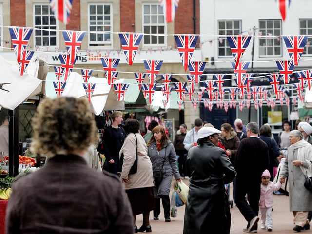 Northampton Market Square decorated with bunting to celebrate the Queen's 80th Birthday and St. George's Day. Pictured in 2006