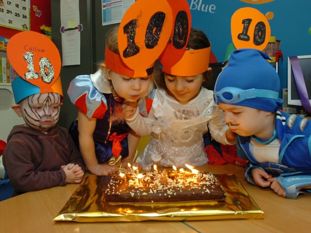 Tertiary Tots Nursey, Northampton College, Badby Road, Daventry, celebrated their 10th Birthday on Wednesday 16th March, 2011 Pictured blowing out the candles are - Callum Graham ( 2 ), Nianh Winter ( 4 ), Farah Abusharkh ( 4 ) & Henry Morris ( 2 )