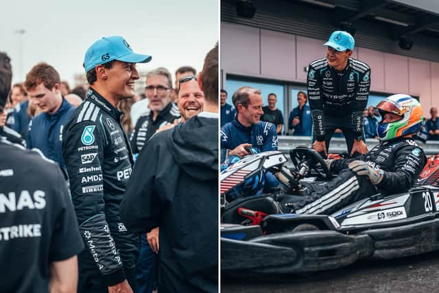 George Russell had great fun karting with 170 team members from Mercedes F1's Brackley and Brixworth factories. (Photo credit: Mercedes-AMG Petronas F1 Team)