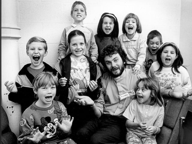 Children at Halloween party with Rev Michael Eden at Emmanuel Church, Lings 1991