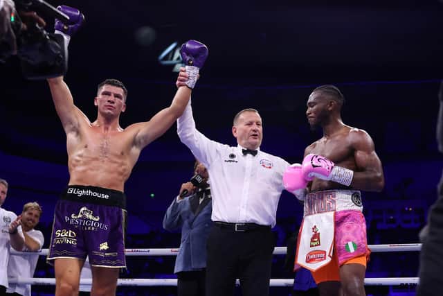 Kieron Conway is declared the winner after his fight with Linus Udofia was stopped on Saturday night (Picture: Mark Robinson / Matchroom Boxing)