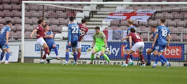 Kieron Bowie pokes in the opening goal against Carlisle United. Picture: Pete Norton