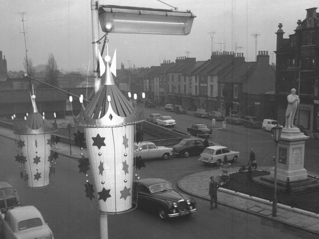 Christmas decorations in Abington Square, Northampton with Bradlaugh statue - early 1960s