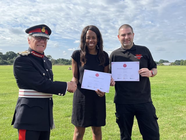 Northamptonshire Lord-Lieutenant, James Saunders Watson Esq, presenting Lee and Lorraine Lewis, Founders of the Lewis Foundation, with their Rose of Northamptonshire Awards. Lee and Lorraine Lewis founded The Lewis Foundation to support cancer patients and those undergoing palliative care. The Foundation creates and delivers gift packs for cancer patients, providing these to fourteen hospitals in the Midlands.