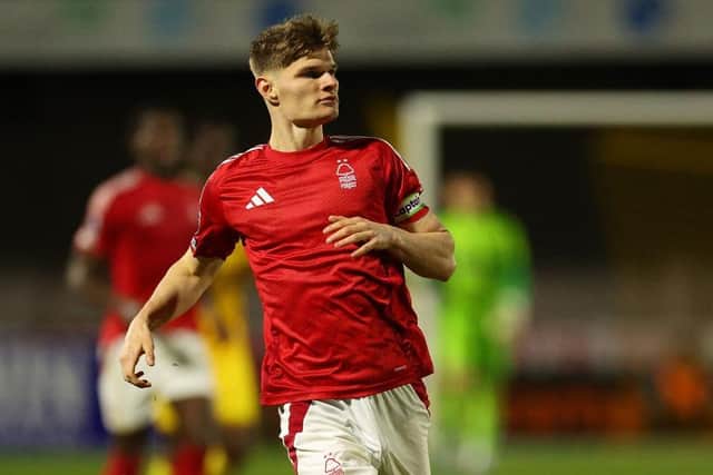 Kyle McAdam in action during the National League Cup match between Sutton United and Nottingham Forest U21 at VBS Community Stadium on February 04, 2025 in Sutton, England. (Photo by Andrew Redington/Getty Images)