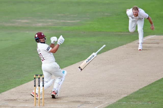 Ricardo Vasconcelos loses his bat trying to pull a Ben Stokes delivery (Picture: Peter Short)