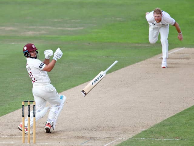 Ricardo Vasconcelos loses his bat trying to pull a Ben Stokes delivery (Picture: Peter Short)
