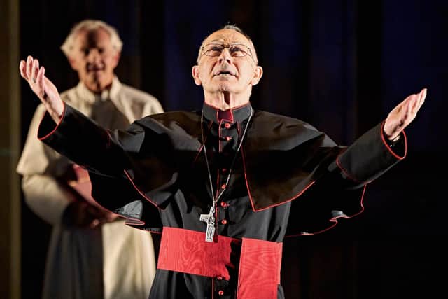 Nicholas Woodeson as Cardinal Cardinal Bergoglio – the future Pope Francis, with Anton Lesser as Pope Benedict XVI