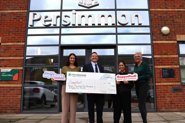 Persimmon Midlands and the team from CoppaFeel! receive the cheque at the Northampton office