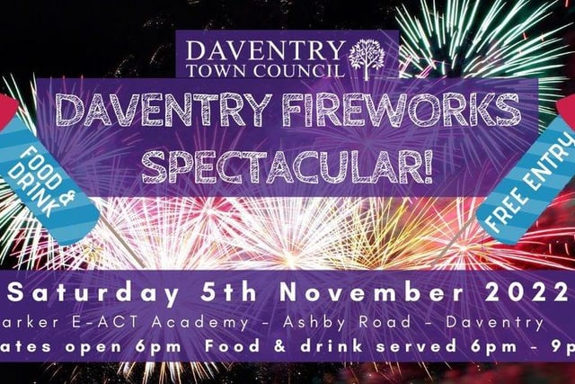 Daventry Town Council invites you to their spectacular annual fireworks show at The Parker E-Act Academy on Saturday, November 5. Gates open at 6pm with fireworks starting at 7.30pm. The event is free to attend and there will be a variety of food stalls selling gourmet burgers, chips, german sausages, cakes, sweets and more.