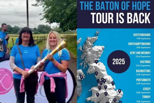 Rachel and Amy Hewitt with a previous year's Baton of Hope and the map for this year's.