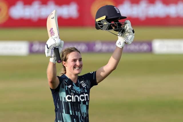 Emma Lamb celebrates after scoring her century for England