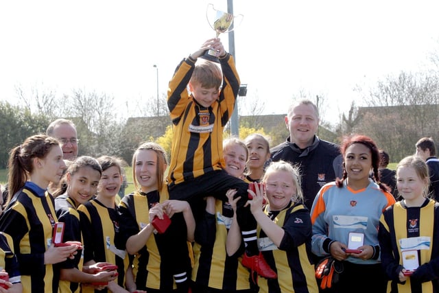 Parkland Tigers celebrate winning the Raunds NFA U14 girls Invitation Cup in April 2012.