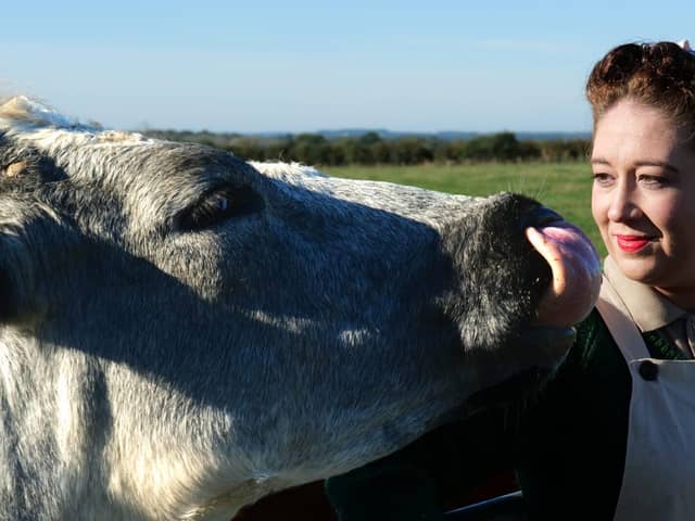 Cast member Olivia feeding the cows