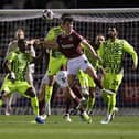 Ben Perry contests for the ball during the Sky Bet League One match between Northampton Town FC and Rotherham United FC at Sixfields on April 01, 2025 in Northampton, England. (Photo by Pete Norton/Getty Images)