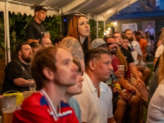 Football fans watching England vs Norway in the garden of The Black Prince in Northampton on Saturday, July 11, 2026. Photo by David Jackson.