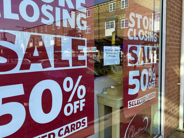 Daventry’s Clintons store is closing down today, Tuesday, October 17, with half-price discounts on selected gifts and cards, as seen on the sign on the shop front.