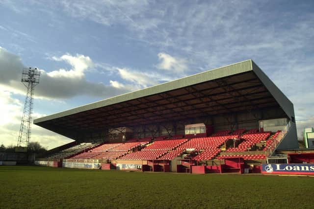 The main stand at Kettering Town's Rockingham Road home