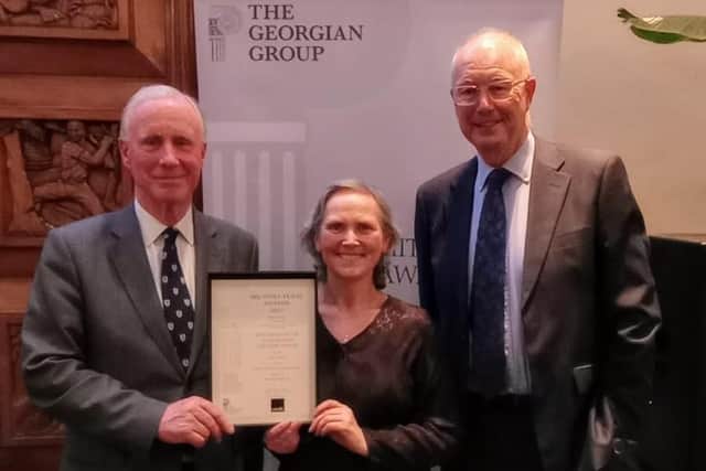 Anna McEvoy of Stowe House receiving the Georgian Group award for 'Restoration of Country House'