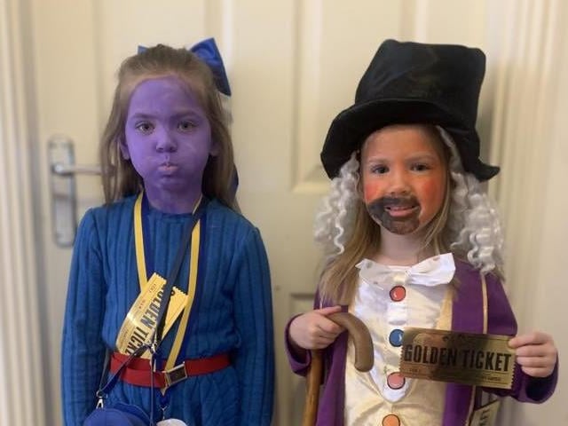 Indy and Isla as Willy Wonka and Violet Beaureguard.
