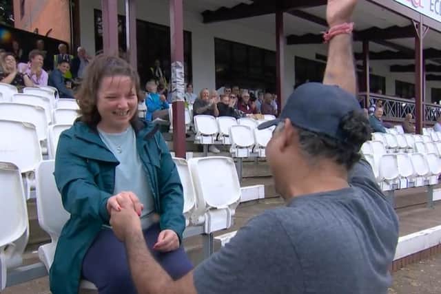Mayank Sharma and Dora Becz's engagement was broadcast live on Sky Sports, after three weeks of planning. Photo: Sky Sports.