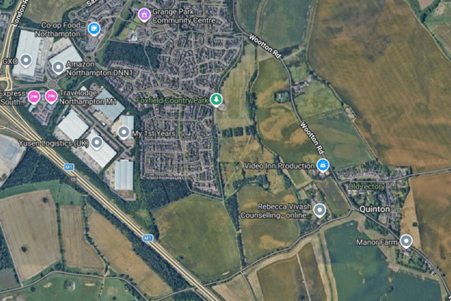 The homes would be bounded by Foxfield Country Park and Wootton Road at the north of the site and stretch across to the M1 at the bottom Credit: Google Maps