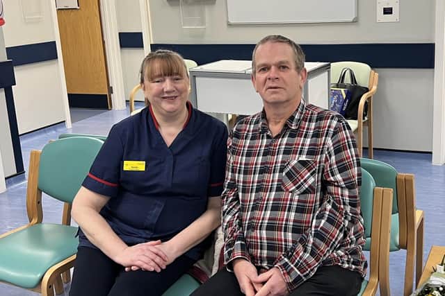 Ophthalmology Matron Sarah Robinson with one of the first patients to use the new suite - Michael Knighton from Burton Latimer.