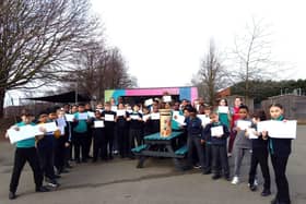 Year 5 pupils at Castle Academy with their letters to West Northamptonshire Council about littering