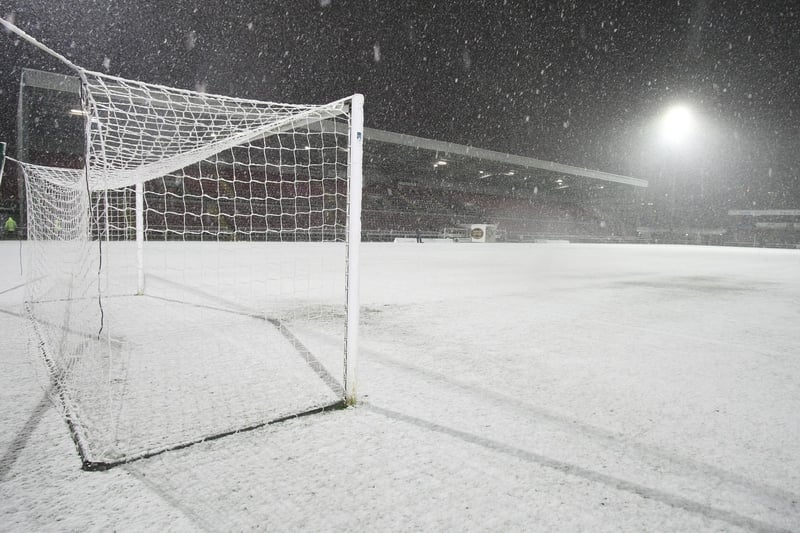 The pitch at Sixfields lies covered in snow prior to the postponement of the Coca Cola League One match between Northampton Town and Colchester United at the Sixfields Stadium on October 28, 2008.