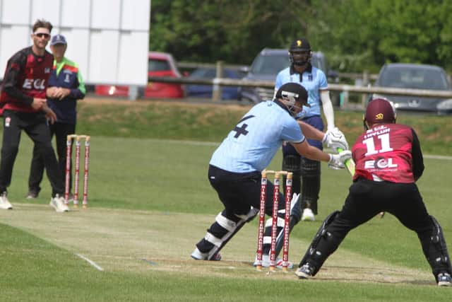 Northants all-rounder Rob Keogh in bowling action for Kislingbury Temperance against Stony Stratford (Picture: Finbarr Carroll)